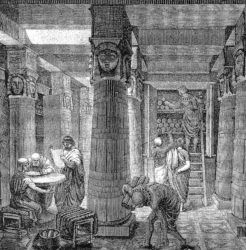 The Great Library Of Alexandria. Artistic rendering from the 19th century by O. Von Corven, based on some archaeological evidence.