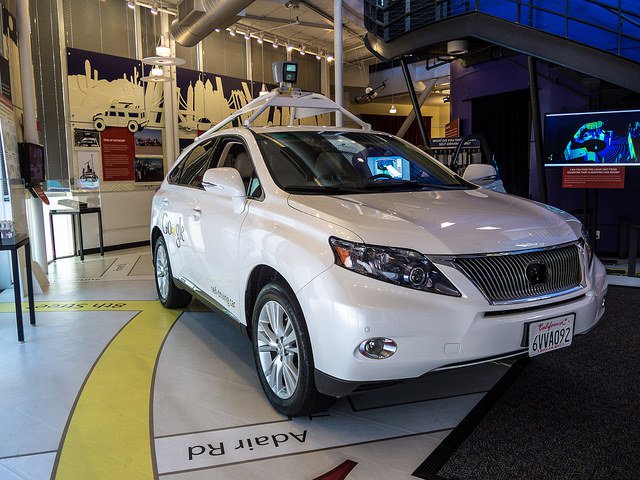 Google self driving car at the Computer History Museum. Photo by Don DeBold. License: CC BY 2.0.